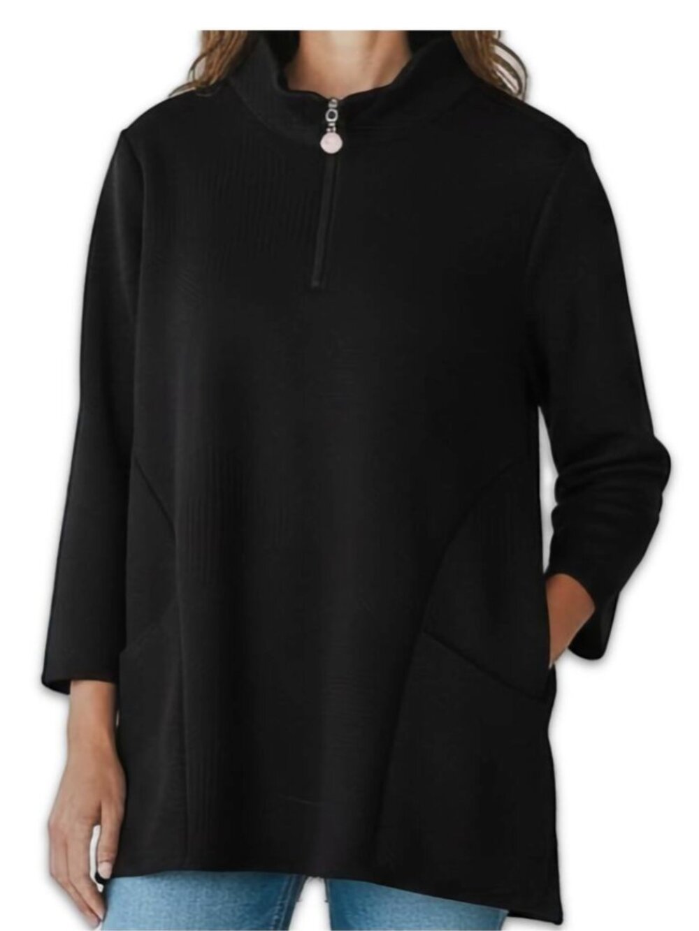 Denim & Co Tunic Top Womens 1X Black Quarter Zip Long Sleeve Pockets Plus Size